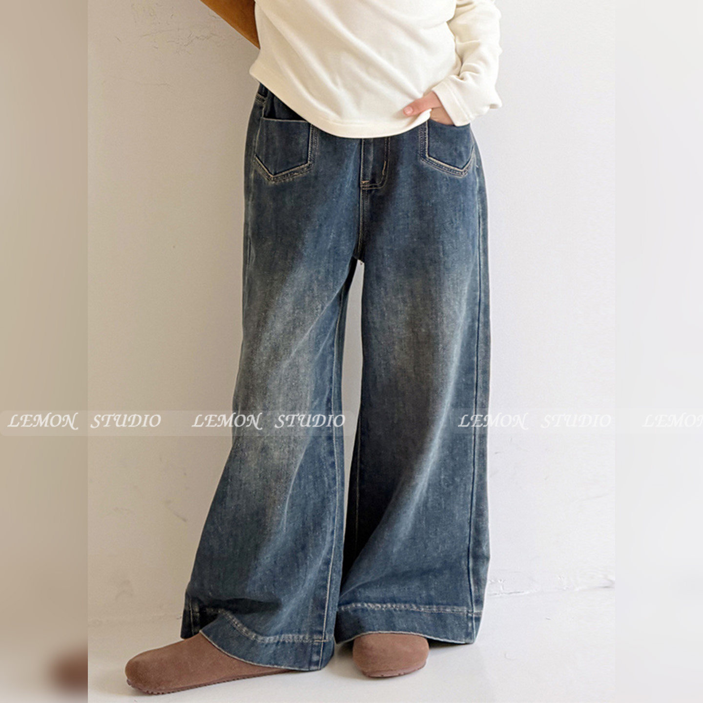 女童加绒牛仔裤一体绒阔腿长裤