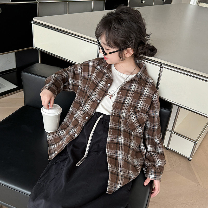女童装格子衬衫长袖上衣衬衣外套
