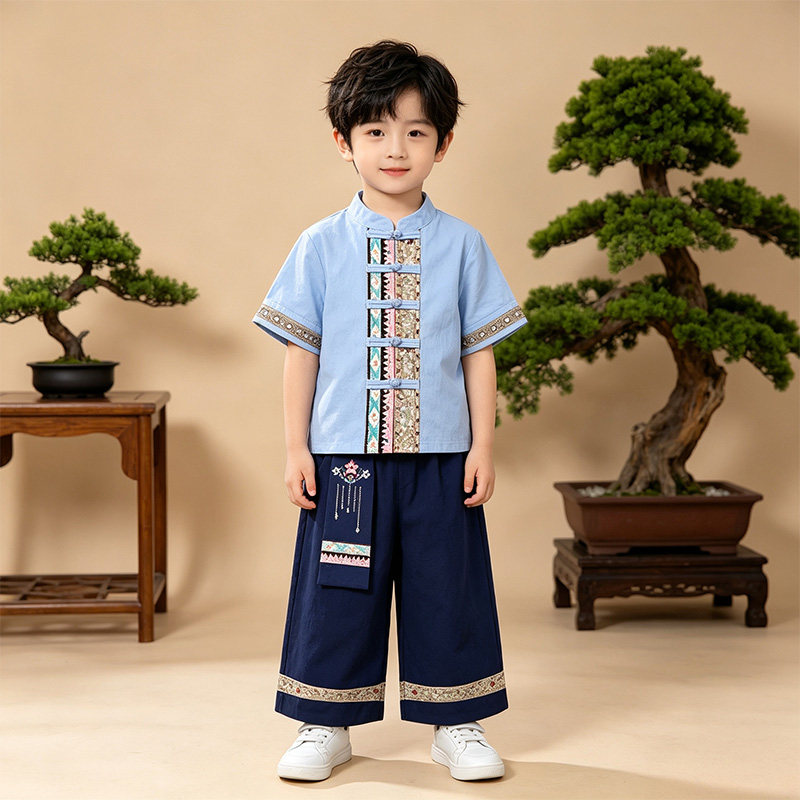 男童民族服装苗族傣族夏季短袖套装儿童民族风幼儿园六一演出服装