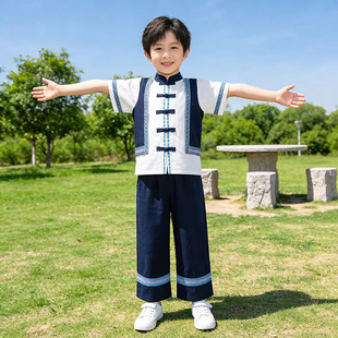 新款 儿童民族风汉服男童短袖 套装 2026夏季 壮族演出服少数民族服装