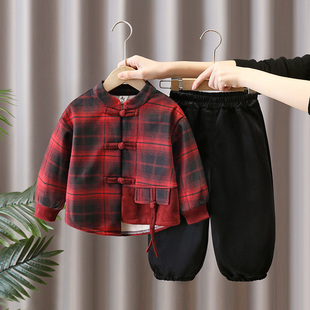 男童新中式国风汉服红色格子衬衫套装儿童加绒喜庆拜年服宝宝唐装