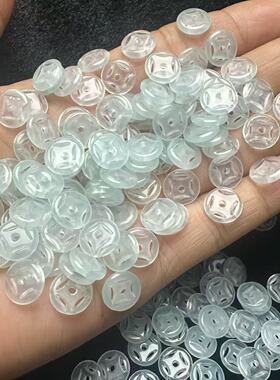 高冰翡翠色冰晴金钱扣冰种散珠子玉石diy编织玉饰品手串项链材料