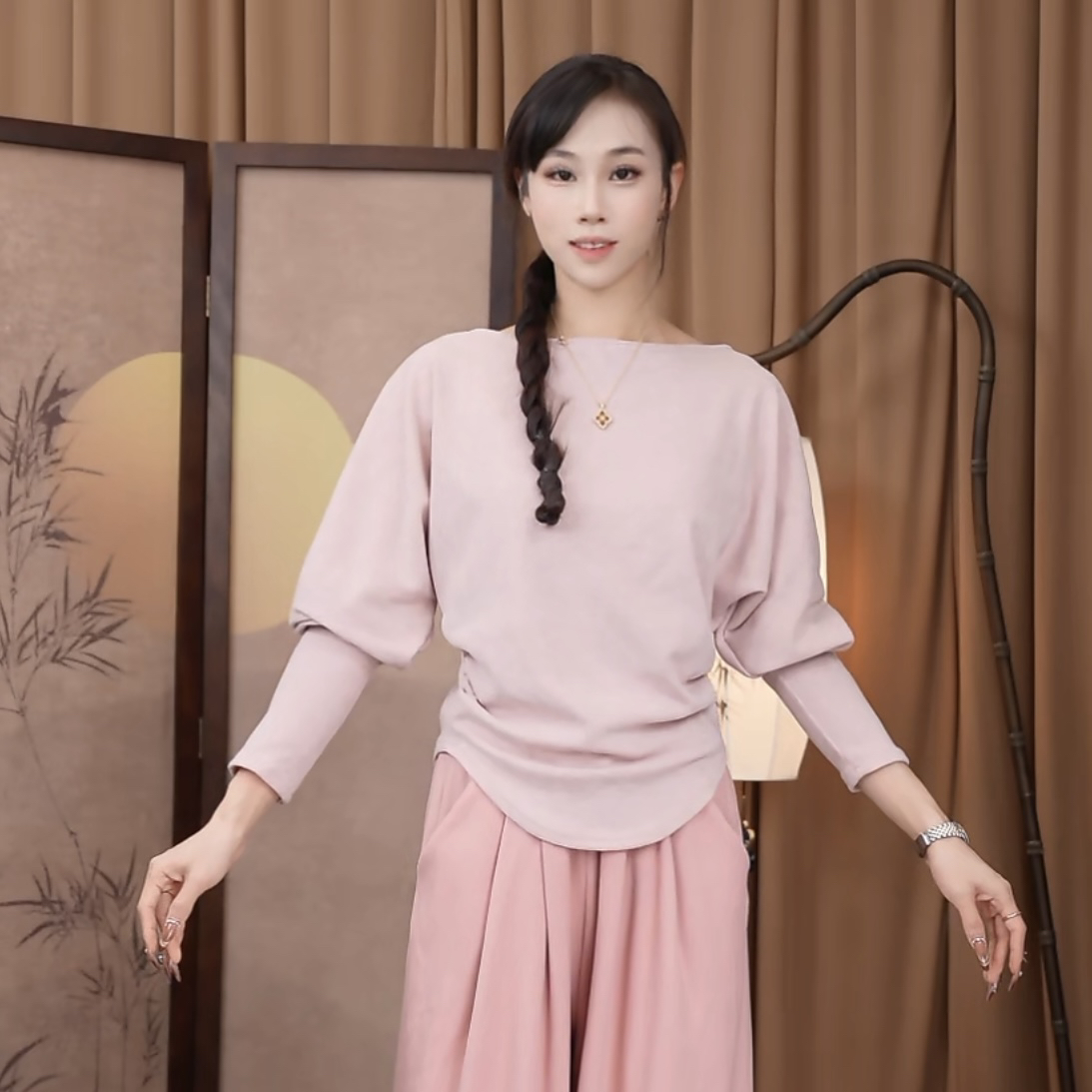 MuMu加厚磨毛秋冬蝙蝠袖一字领收腰显瘦古典舞中国舞罩衫