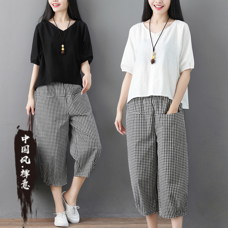 棉麻亚麻上衣女高端休闲运动套装春季佛系禅服禅意文艺宽松大码裤