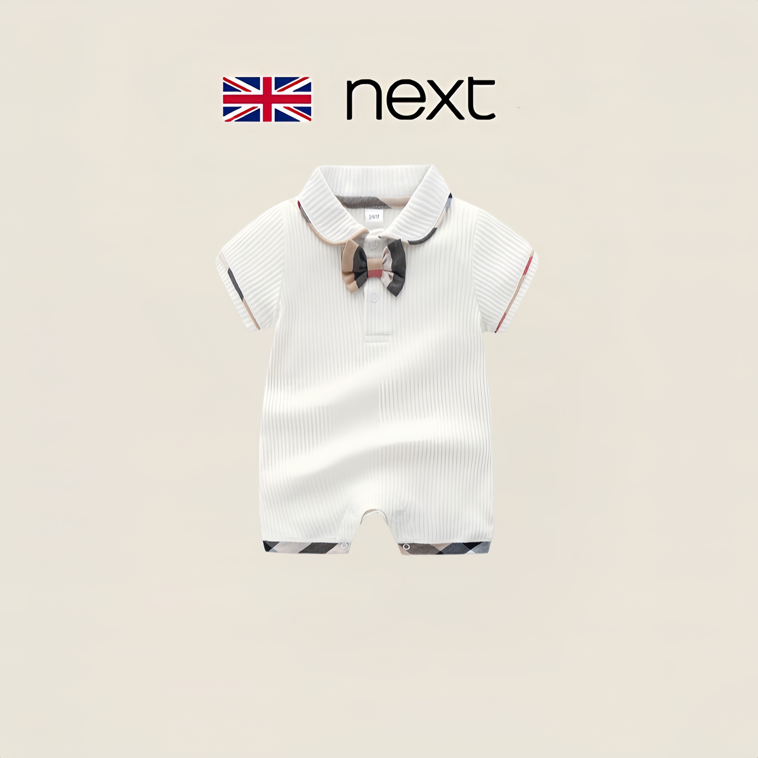 英国next婴儿连体衣夏季纯棉短袖男宝宝领结哈衣满月外出帅气爬服