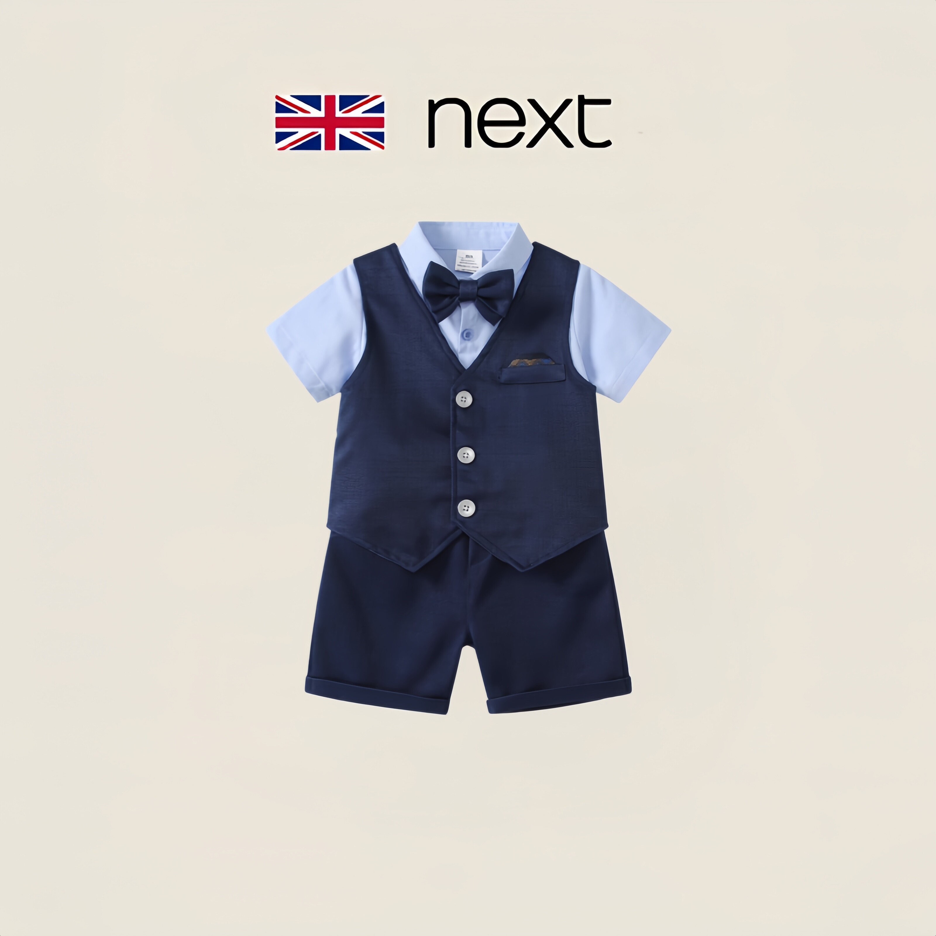 英国next婴儿衣服夏男宝宝英伦风薄款套装周岁生日绅士礼服三件套