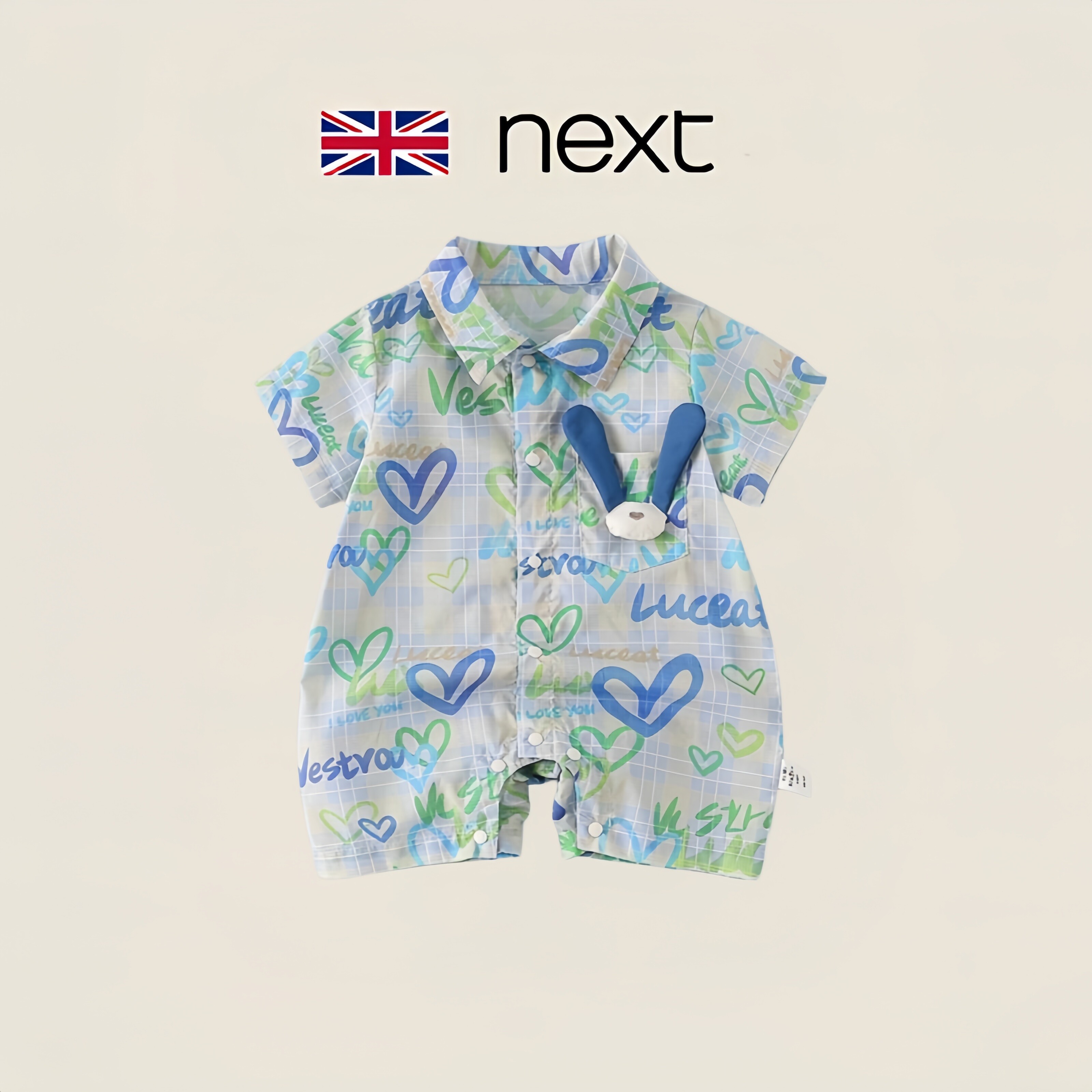 英国next婴儿衣服男宝宝夏季短袖连体衣薄款卡通爱心爬服外出哈衣