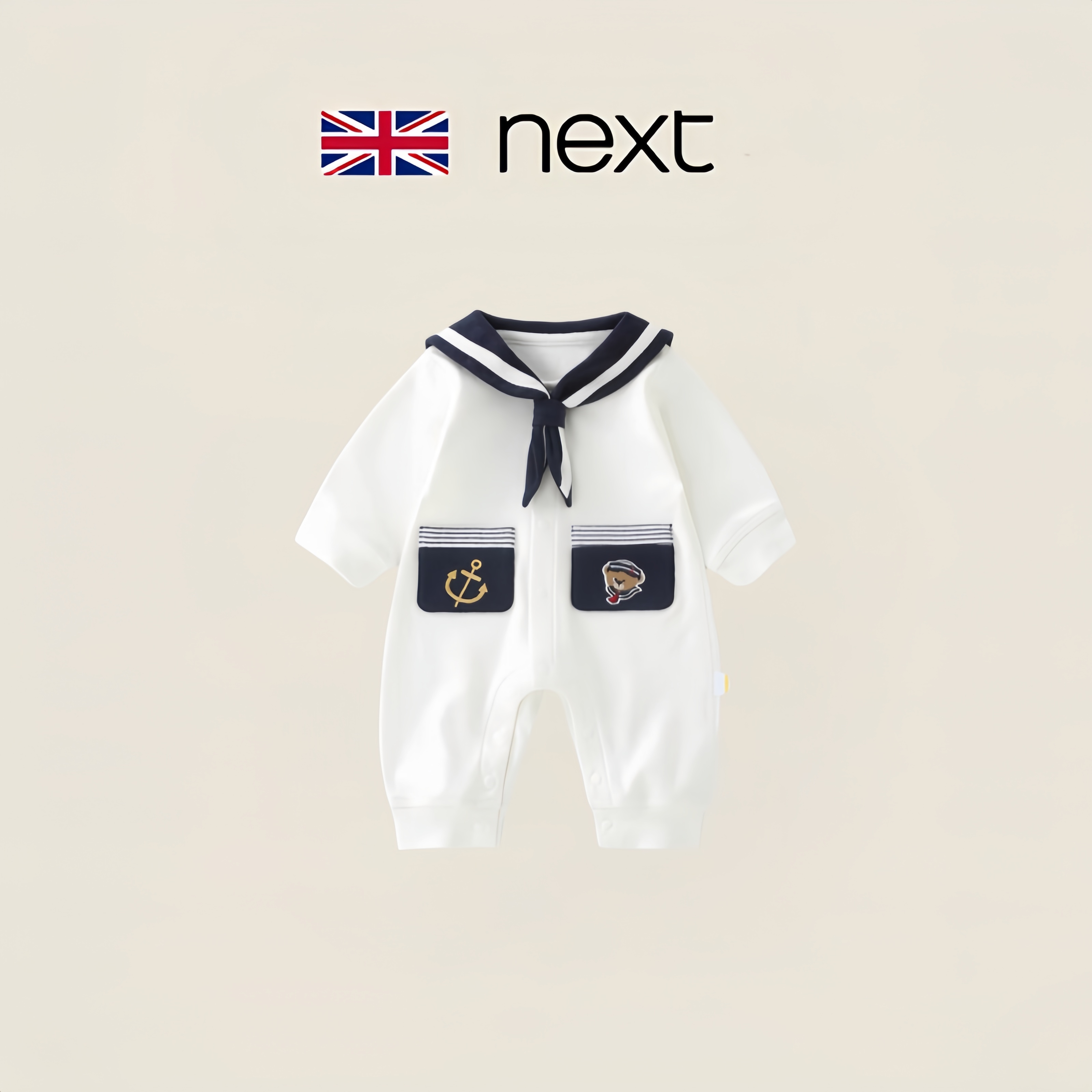 英国next婴儿衣服春秋季海军风男宝宝连体衣新生儿哈衣爬服外出服