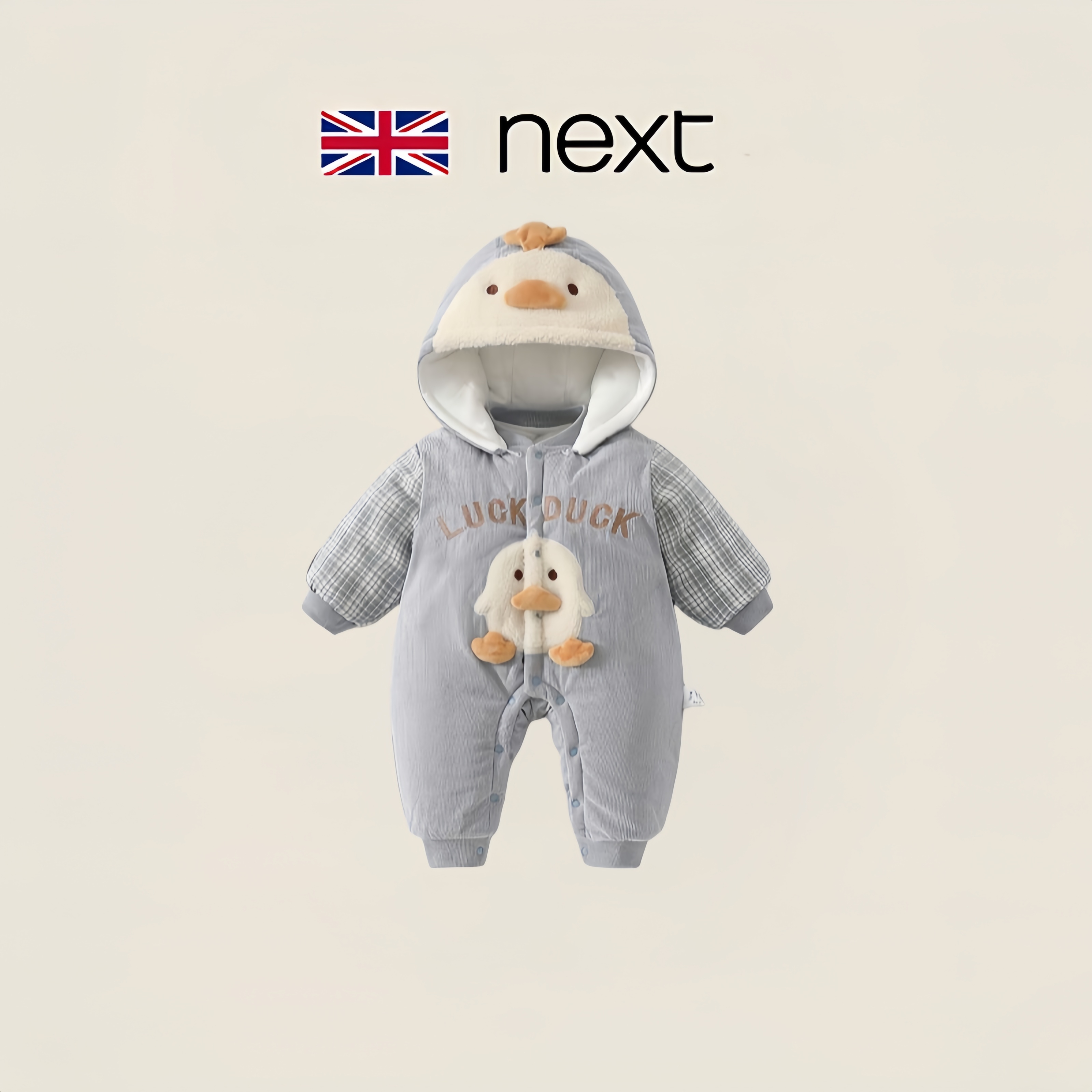 英国next婴儿连体衣冬季加厚保暖带帽拉链哈衣男女宝宝外出爬服