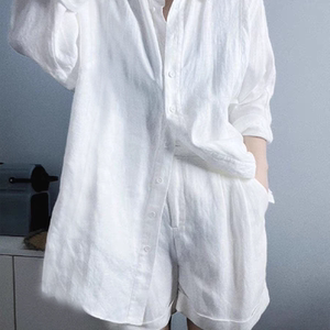 慵懒风棉麻长袖衬衫套装男女薄款透气防晒开衫亚麻五分短裤两件套