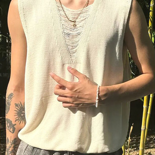 慵懒风深v领拉丝针织背心男潮透视镂空冰丝无袖t恤大领口坎肩马甲