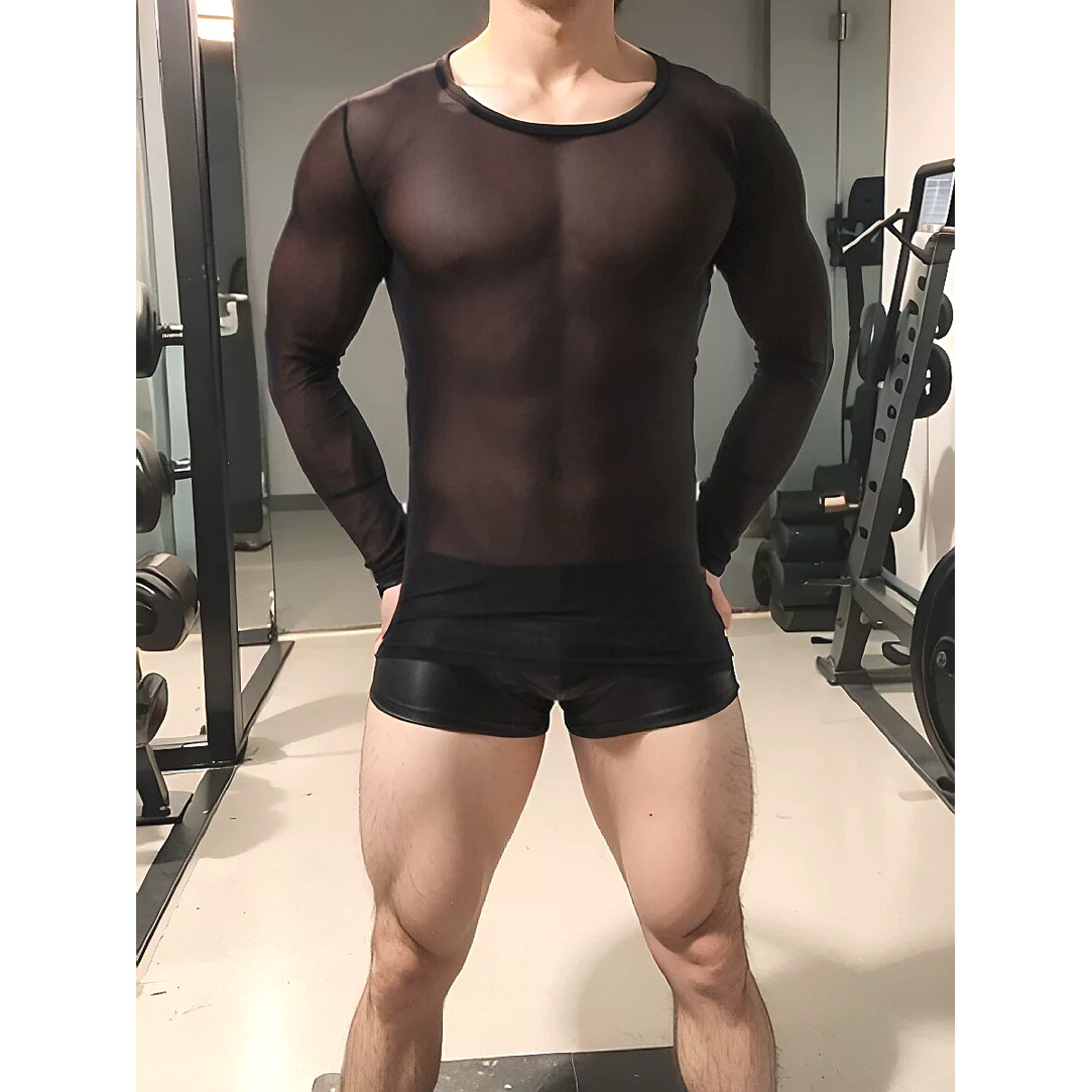 高弹力紧身网纱t恤男轻薄微透镂空长袖罩衫性感透视黑丝运动上衣