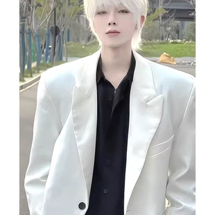 白色垫肩西服男戗驳领设计感修身 气质外套 单西便服废士风休闲西装
