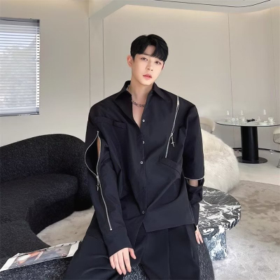 拉链垫肩衬衫男解构不规则长袖