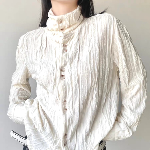 高领皱布衬衣肌理感长袖提花针织