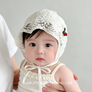 婴儿帽子春夏季 公主花边可爱樱桃护耳帽小月龄户外宝宝遮阳帽 薄款