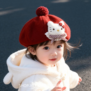 儿童帽子冬季复古红色洋气女童贝雷帽可爱小猫百搭加绒保暖宝宝帽