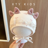 婴儿帽子女小月龄护耳帽春秋季 甜美公主蕾丝花边新生儿胎帽宝宝帽