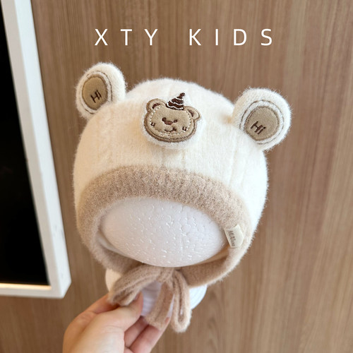 婴儿帽子春秋款可爱小熊毛绒针织