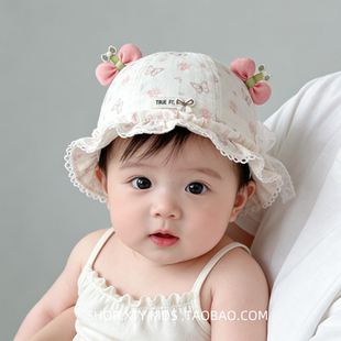 婴儿渔夫帽春夏季薄款公主蝴蝶结花边可爱女童小月龄宝宝遮阳帽子