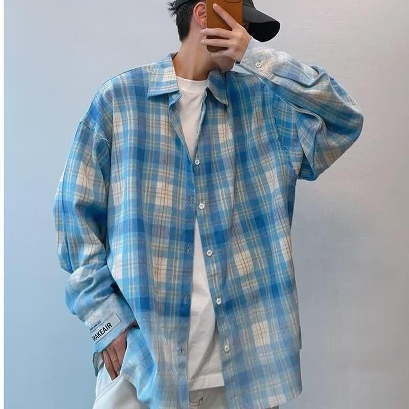 春季ins港风格子长袖衬衫男韩衬衫
