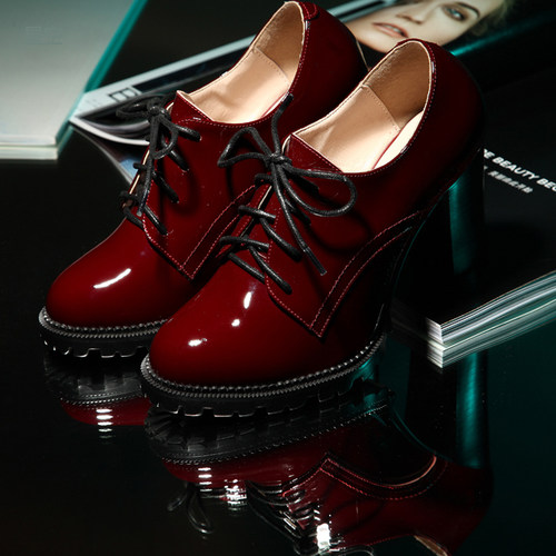 春季新款系带酒红色粗跟女鞋