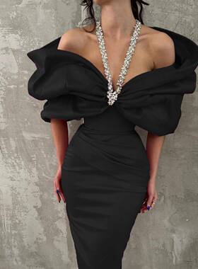 French 黑色重工镶钻 dress 女夏季new temperament 名媛绷带lady