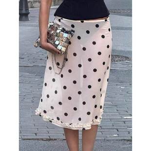 波点缎面半身裙女夏季 French醋酸垂坠感temperament高腰A字裙2025