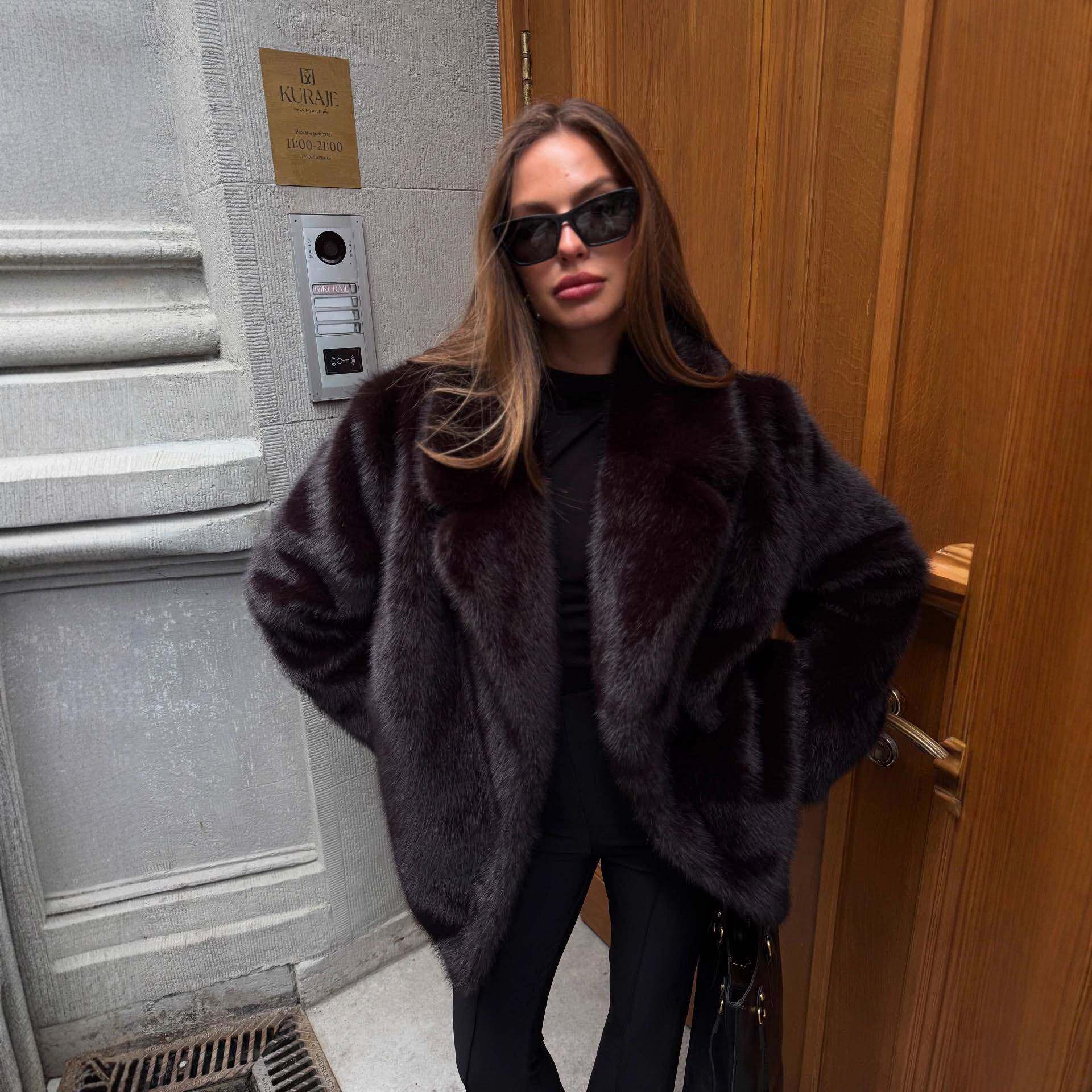 俄罗斯外贸人造狐狸毛皮草女fashion suit 领毛毛coat 大衣