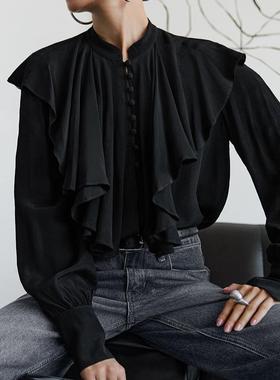 宫廷风French 荷叶边立领单排扣long sleeves 衬衫women's clothi