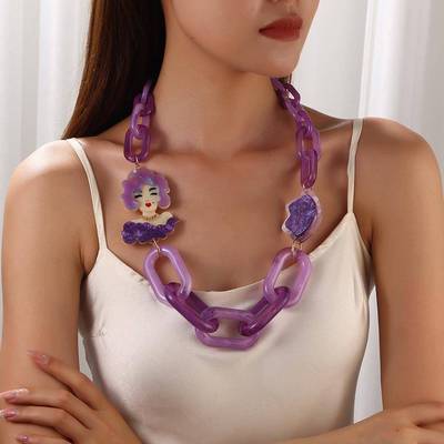 personality exaggeration 长款necklace 女retro 拼色acrylic 美