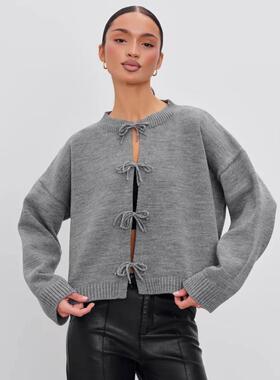 2025autumn and winter autumn leisure loose 开衫系带纯色knit