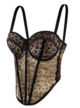 sexy 豹点纹拼接文胸straps 高级感内搭网纱蕾丝透视外穿鱼骨胸衣