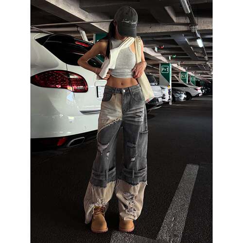 Wear and tear denim jeans with antique street style and lazy