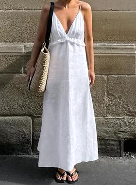 sexy 白色棉麻V领荷叶边loose straps  dress 2025spring and sum