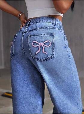 SHEIN蝴蝶结刺绣牛仔裤女y2k高腰straight-leg pants loose trous