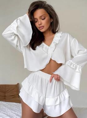 白色仿真丝荷叶边long sleeves 短裤夏季睡衣女2025new lady 家居