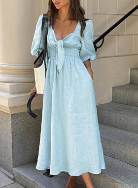 浅蓝色棉麻dress French women's clothing 2025autumn 泡泡袖高