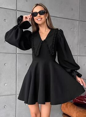 fashion 黑色娃娃领dress 2025春季new 喇叭袖收腰A字裙women's c