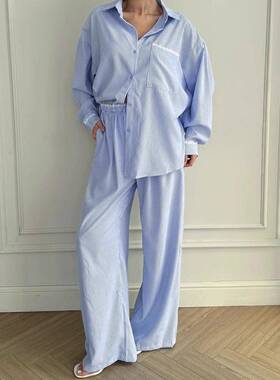 2025autumn new 条纹long sleeves trousers 花边loose 可外穿睡