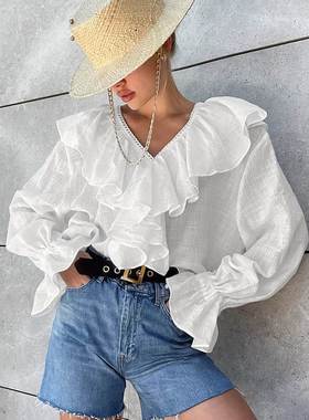 纯棉设计感落肩袖花边女式衬衫2025autumn and winternew小众荷叶