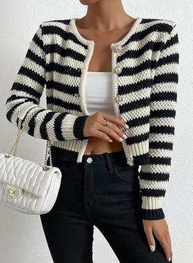 autumn and winternew经典撞色条纹knit开衫短款round necklong s