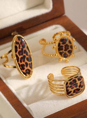personality 不锈钢leopard print ring 女不掉色开口美拉德风18k