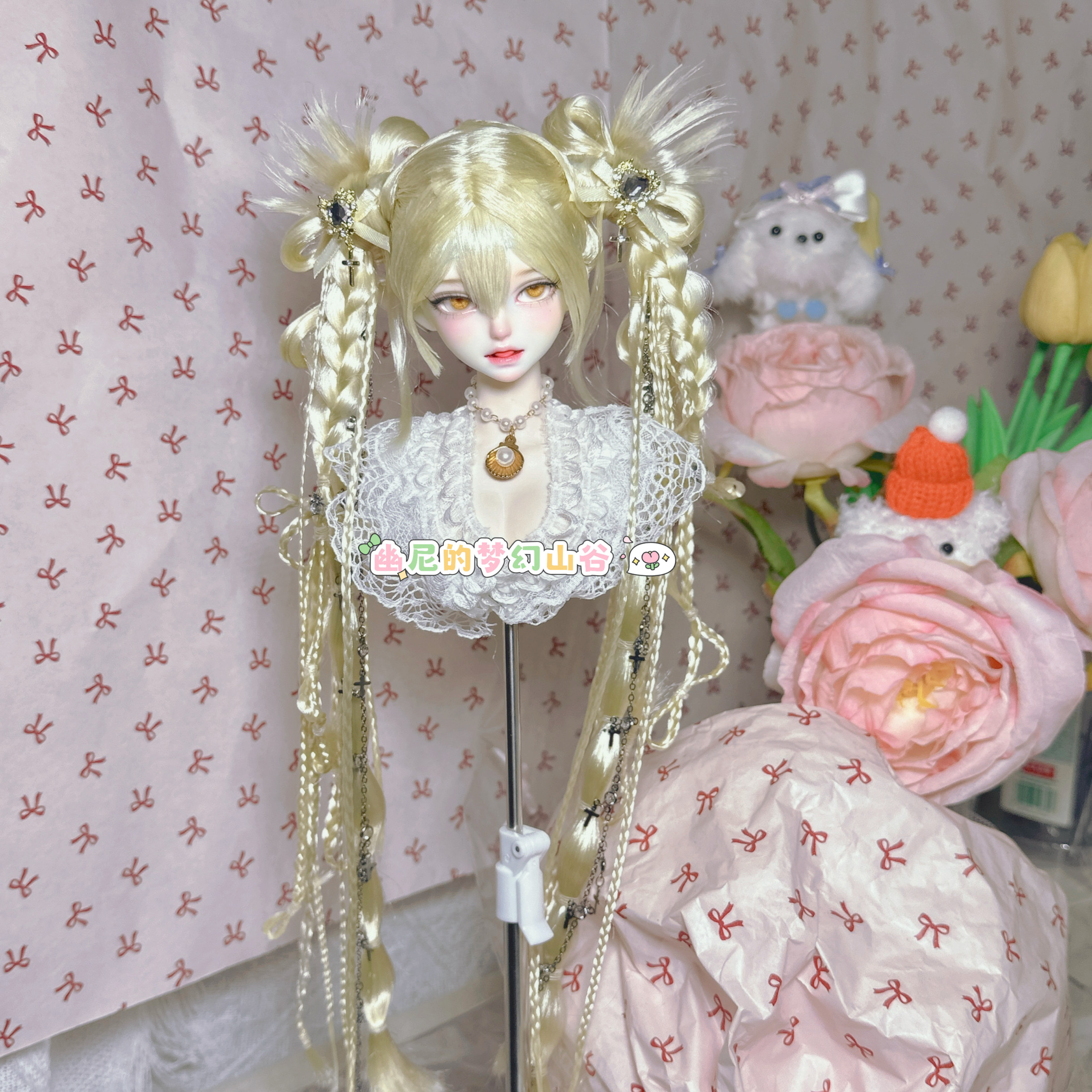 thumbnail for bjd baby with light gold y2k subculture double ponytail wig 4 points baby head heavy work cross bow braid