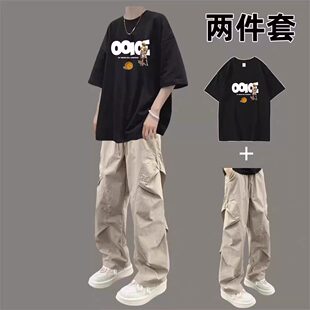 2026新款圆领纯棉短袖套装男青少年夏季潮牌流行风格男生潮流穿搭