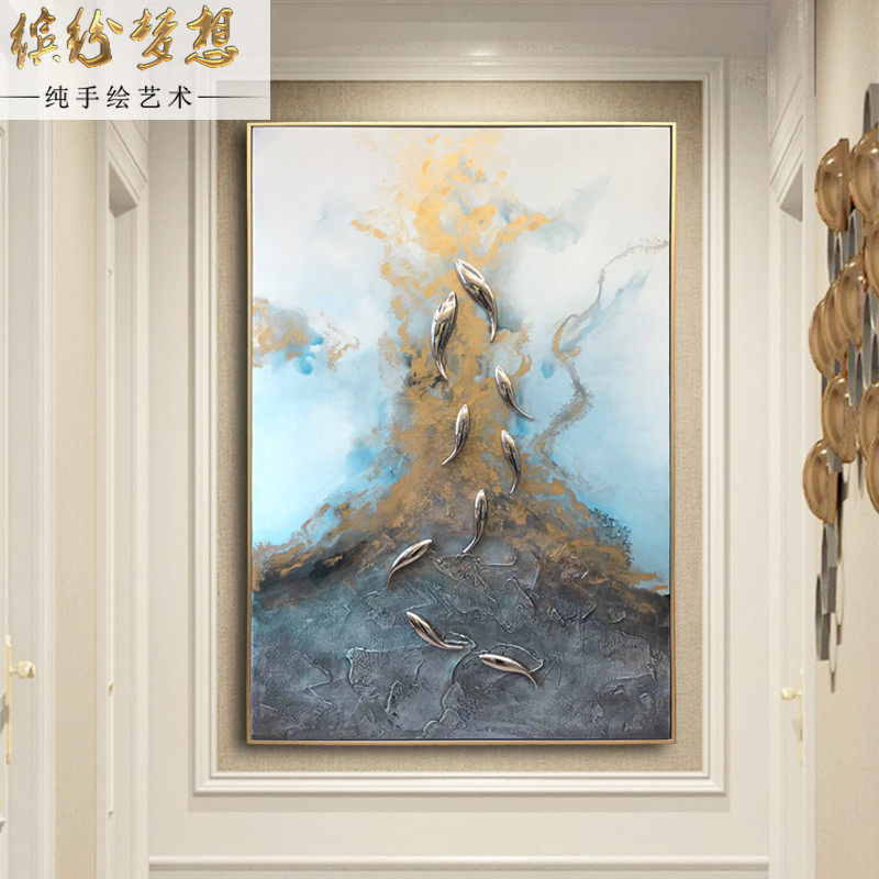 纯手绘实物九鱼图新中式玄关装饰金线条油画走廊过道轻奢抽象竖版在类目 家居饰品, 装饰画, 油画中 - 来自Buy2taobao.com提供专业的淘宝代购服务