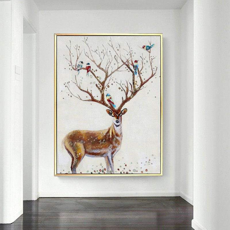 北欧竖版玄关装饰画动物麋鹿手绘油画有框单幅巨型发财鹿挂画定制