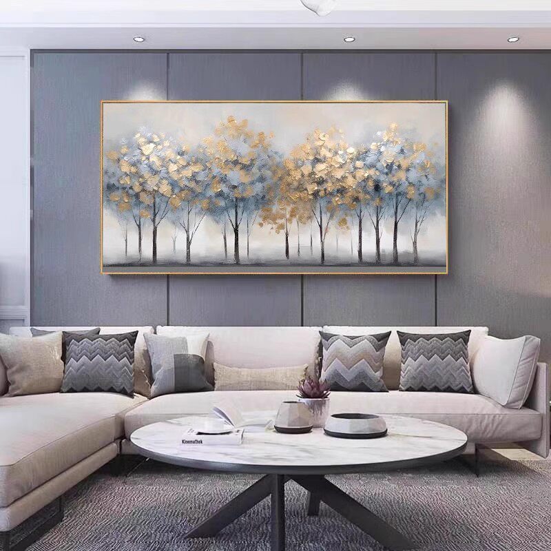 纯手绘抽象树油画客厅挂画卧室装饰画横版轻奢壁画沙发背景墙植物
