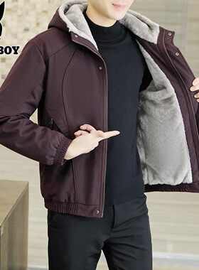 花花公子加绒加厚夹克外套男士冬季潮流连帽防寒棉服百搭保暖棉袄