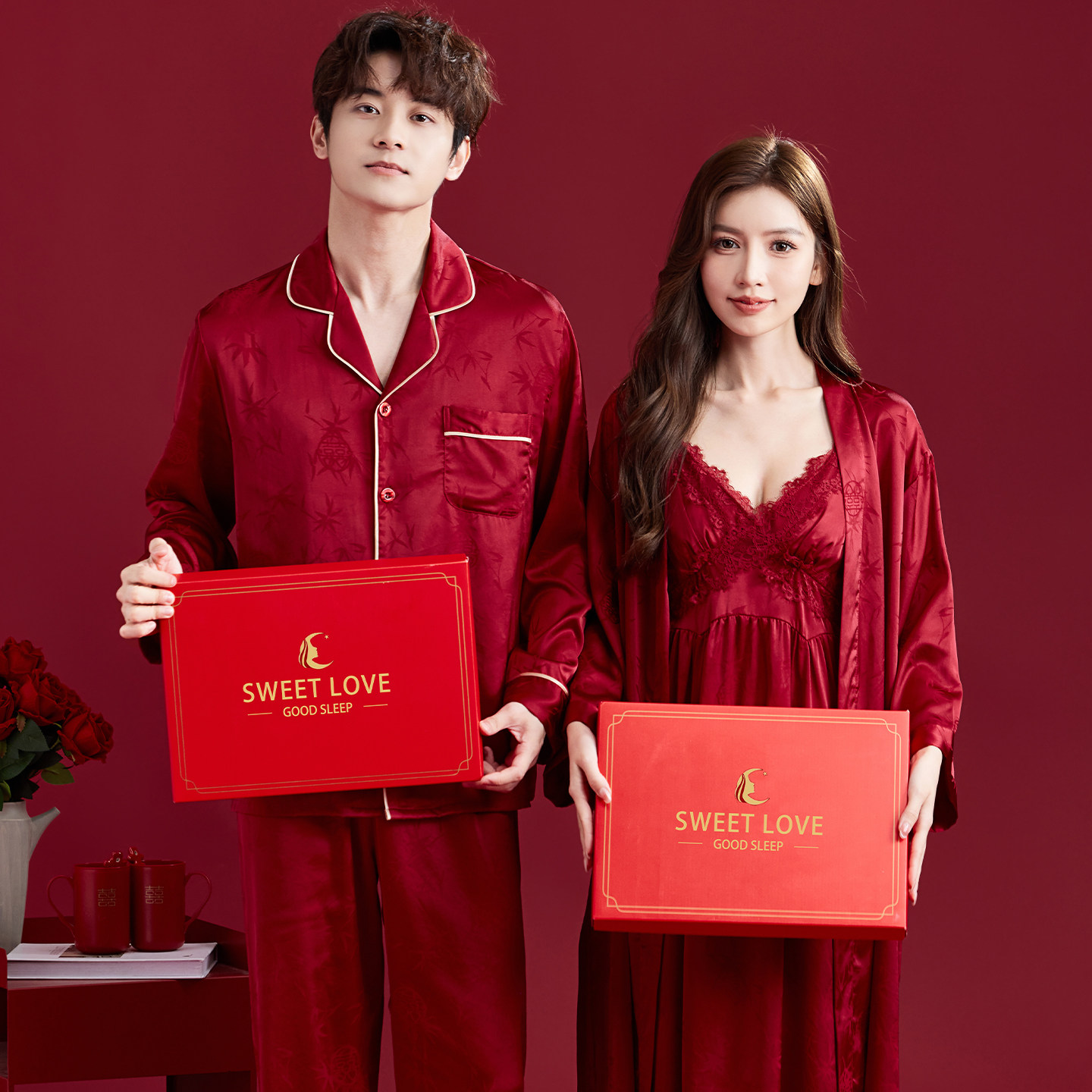 红色情侣睡衣女春秋季冰丝结婚新婚高档礼盒装本命年新娘晨袍套装